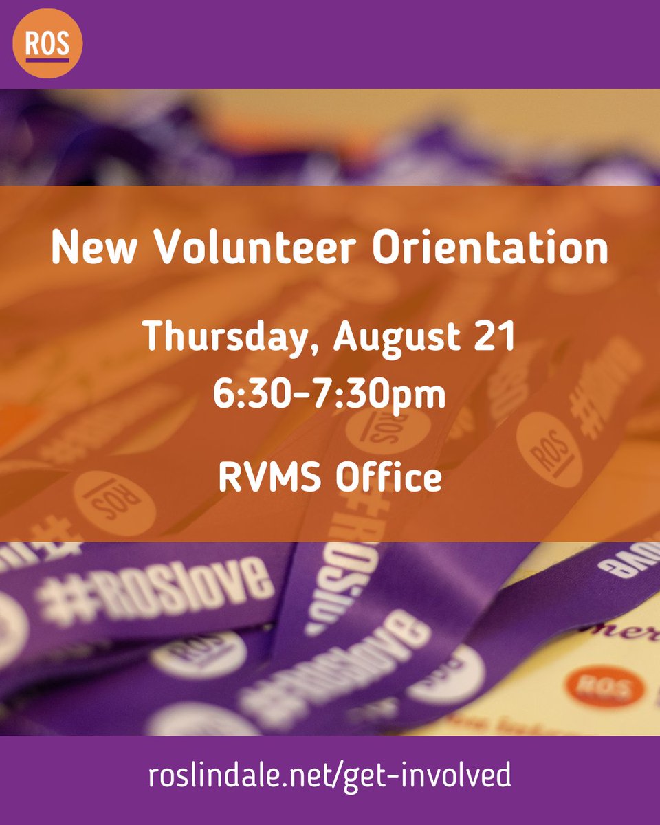 Looking to get involved in your community? All of our work is volunteer-driven, and we'd love for you to join us! Join our next Volunteer Orientation on Thursday, August 21 from 6:30-7:30pm at the RVMS Office. 

Sign up here: loom.ly/-GYn9RY
#ROSLove