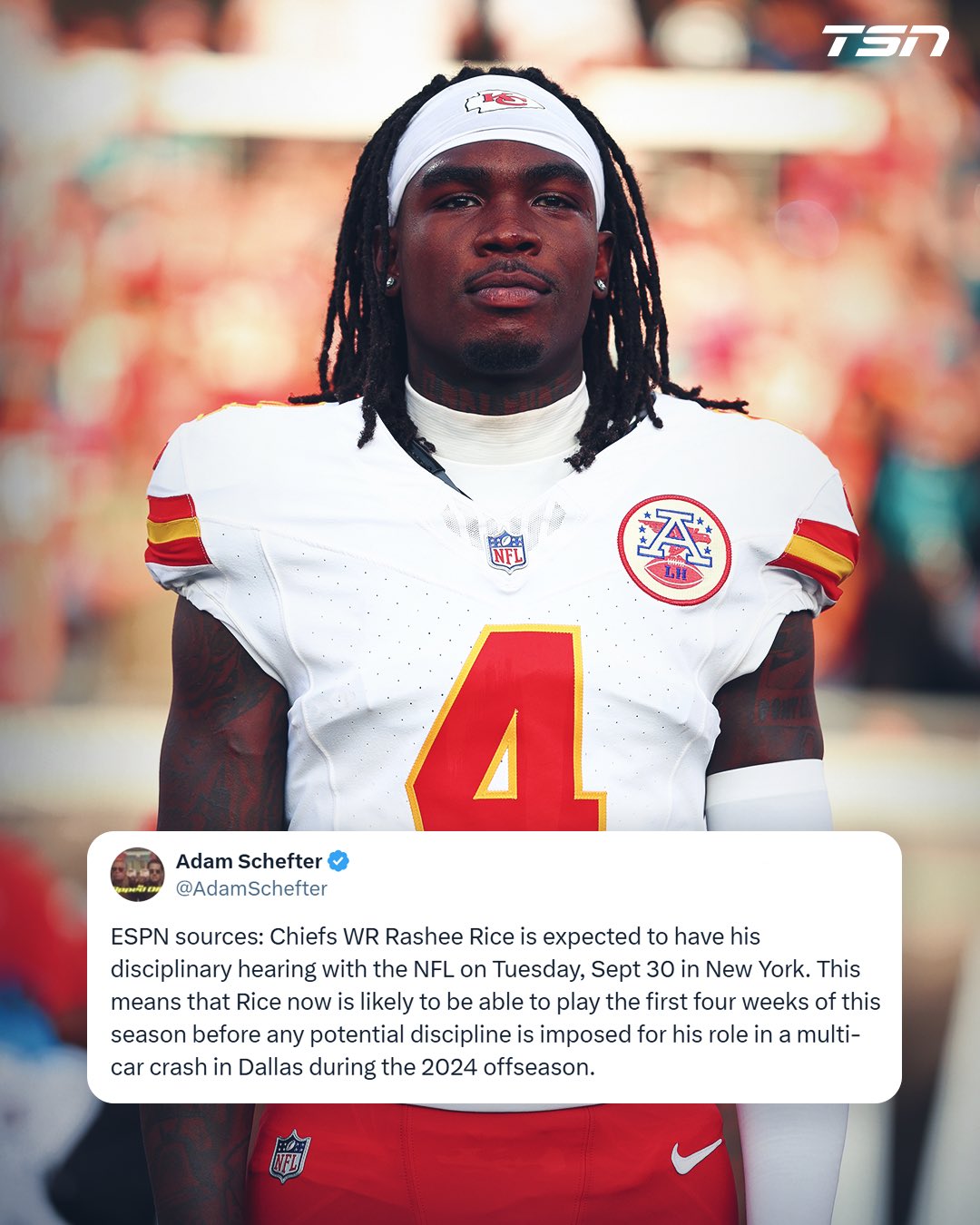 TSN on X: "Chiefs WR Rashee Rice is expected to be eligible to play for the first  four weeks of the season ahead of his September 30th disciplinary hearing.  https://t.co/5xkAn1J0v6" / X