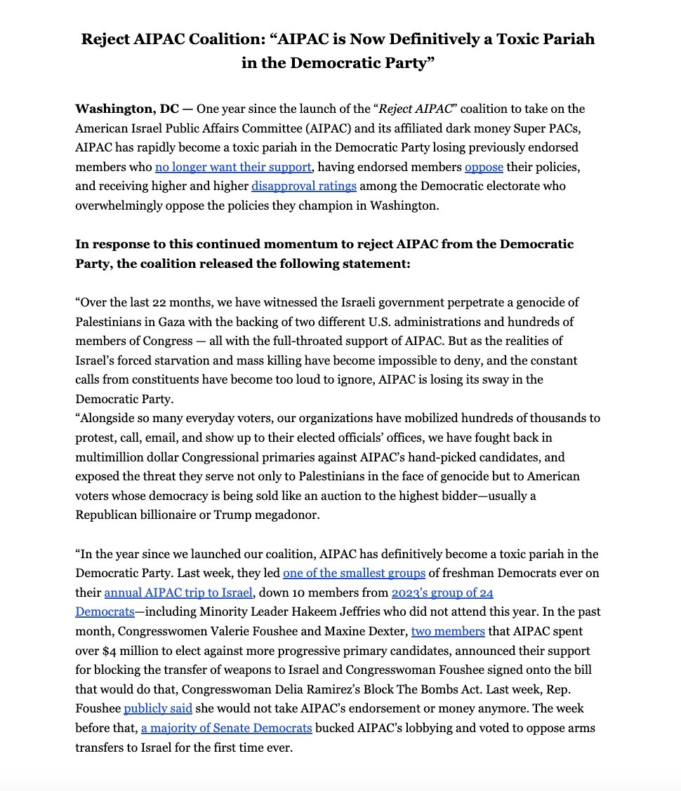 prem_thakker's tweet image. &quot;Reject AIPAC&quot; says AIPAC now &quot;definitively&quot; a pariah:
—One of smallest groups of freshman Dems on Israel trip
—Foushee &amp;amp; Dexter, who AIPAC spent millions on, want to block arms to Israel; Foushee now rejects AIPAC
—Majority Senate Dems oppose arms sales to Israel for first time