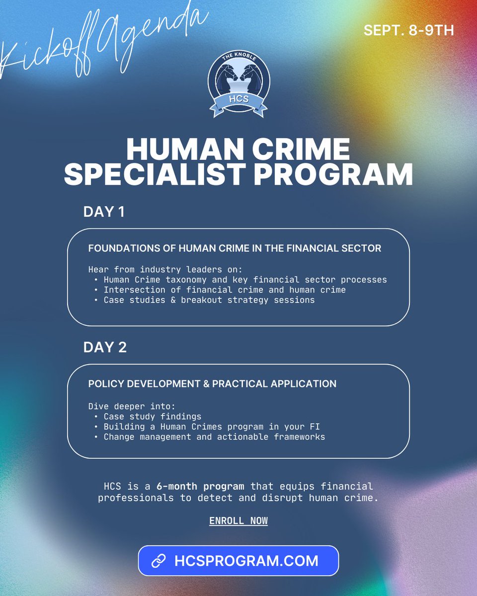 TheKnoble's tweet photo. The Human Crime Specialist Program is your opportunity to gain advanced skills to detect and disrupt crimes where people are exploited for profit, power, or control.

It all begins with an in-person kickoff September 8–9.

 Secure your spot: https://t.co/8E9ug1clPE https://t.co/gJqLW3B5ua