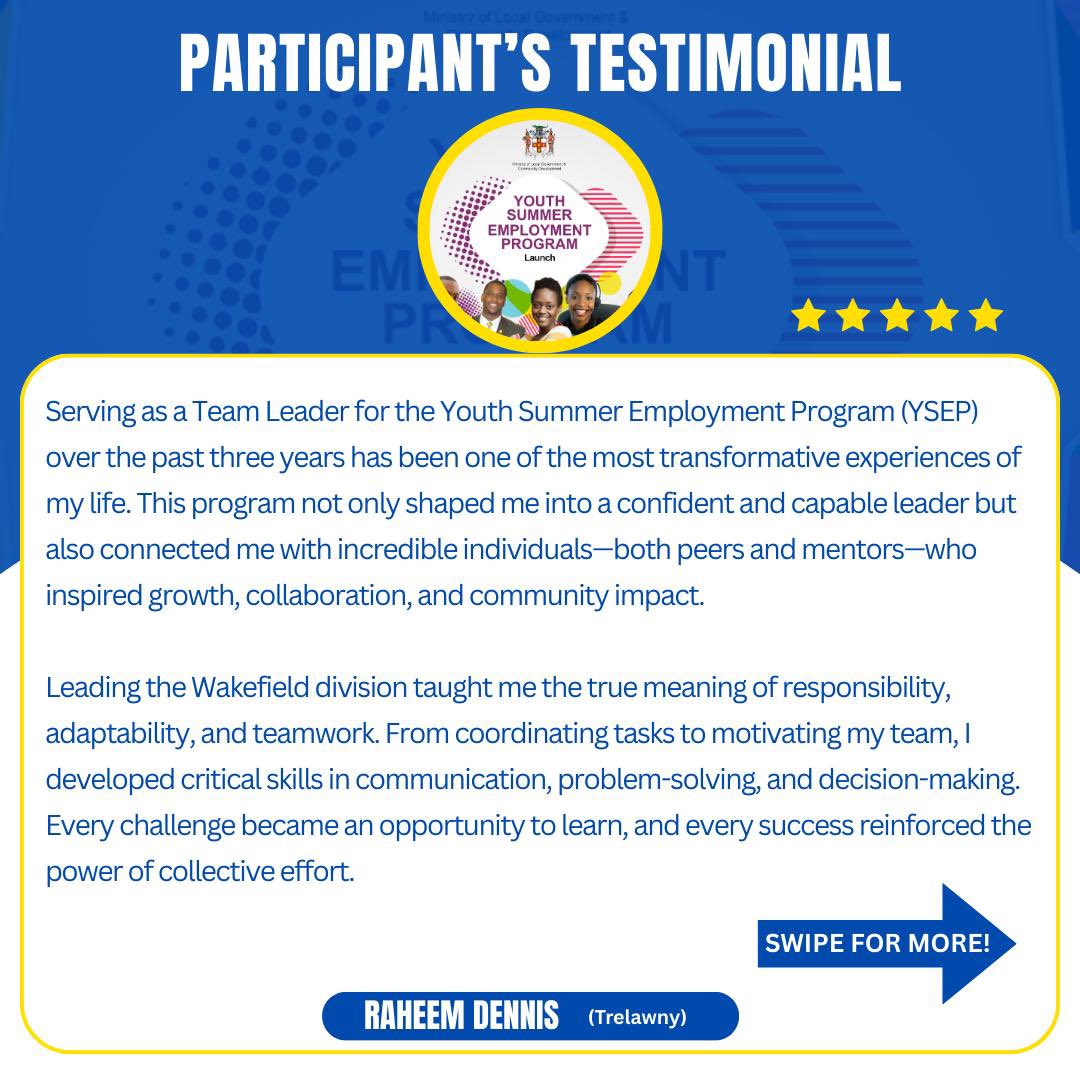 LocalGovJa's tweet image. The Youth Summer Employment Programme #YSEP for the 2025 period has officially come to an end but our participants are still expressing their gratitude and giving their feedback on the programme. Read what Raheem Dennis, Team Leader from Trelawny had to say. #LocalGovAtWork