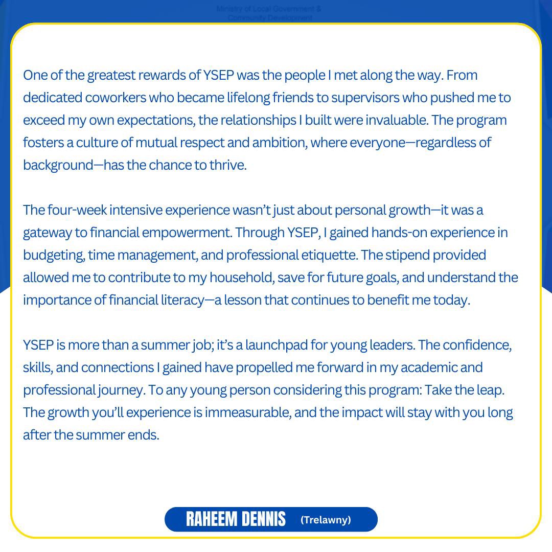 LocalGovJa's tweet image. The Youth Summer Employment Programme #YSEP for the 2025 period has officially come to an end but our participants are still expressing their gratitude and giving their feedback on the programme. Read what Raheem Dennis, Team Leader from Trelawny had to say. #LocalGovAtWork