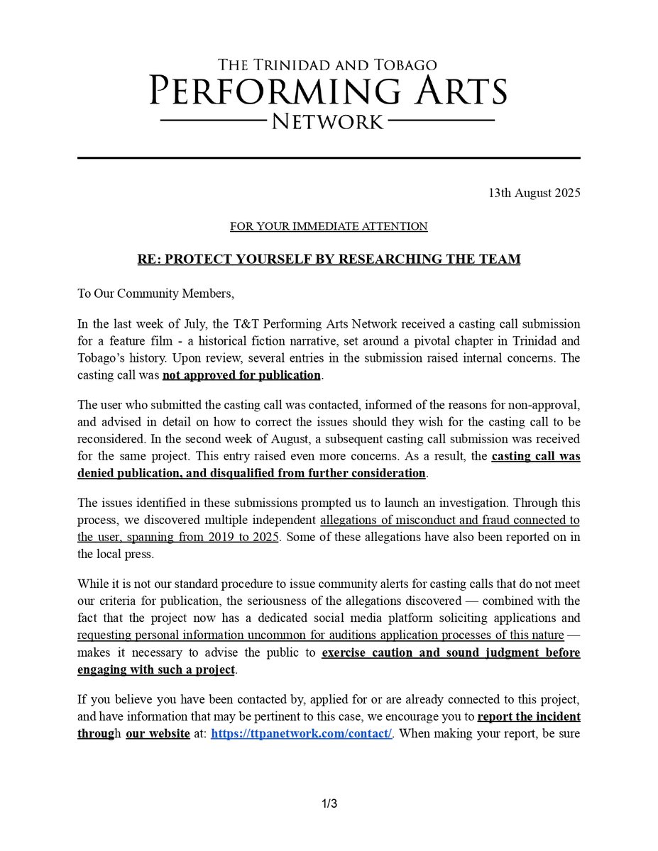 ttpanetwork's tweet photo. ⚠️ COMMUNITY ALERT ⚠️

We declined to publish a casting call for a feature film, after finding multiple past allegations of misconduct &amp; fraud against the submitter. 

The project now has a social media page seeking applicants — stay vigilant 👀 https://t.co/7nTSj4RN8f