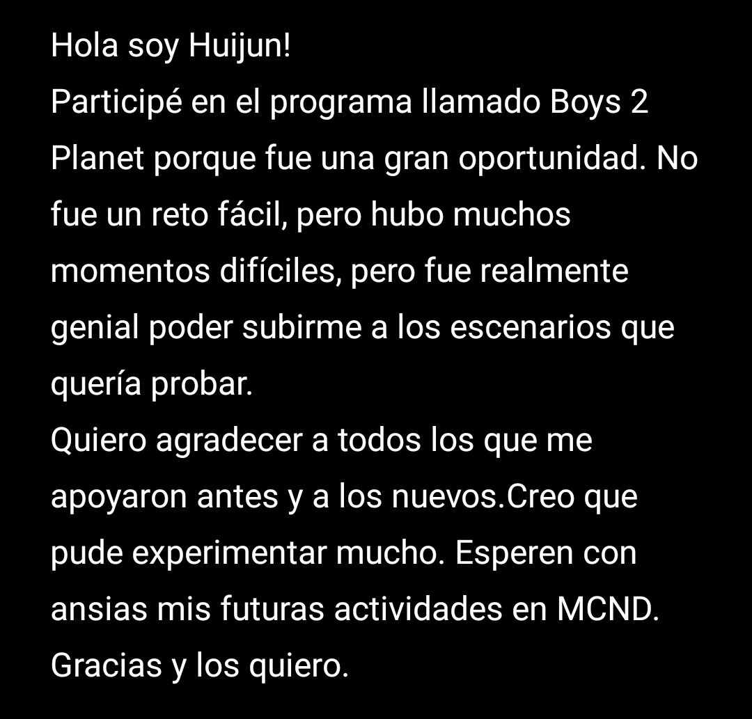 Mensaje de Huijun al español post boys 2 Planet