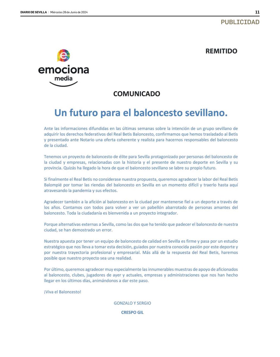 Por cierto, que dice Pedro Fernández que él salvó el club en 2024, que lo cogió en "fase de desaparición" por parte del Real Betis y que "no existió ninguna oferta más" que la suya. Hubo otra, incluso registrada ante notario y publicada en medios de comunicación.