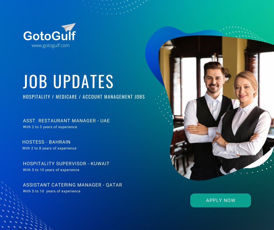 Gotogulfjobs's tweet image. Click on the below link to apply for the job vacancies,
gotogulf.com/PublicSearchVi…
#jobseekers #assistantrestaurantmanager #hostess #hospitalitysupervisor #assistantcateringmanager #kuwait #qatar #UAE #bahrain #GCCJobs