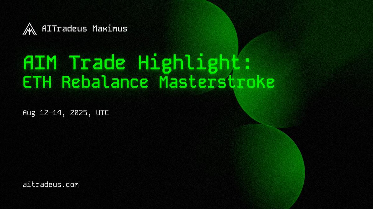 AIM Trade Highlight: ETH Rebalance Masterstroke
(Aug 12–14, 2025, UTC)

▫️Trade summary
• Aug 12, 11:00: Began increasing ETH portfolio weight
• Aug 12, 20:00: Raised ETH allocation by ~5 percentage points (of total assets)
• Through Aug 14, 02:00: Maintained net exposure (no