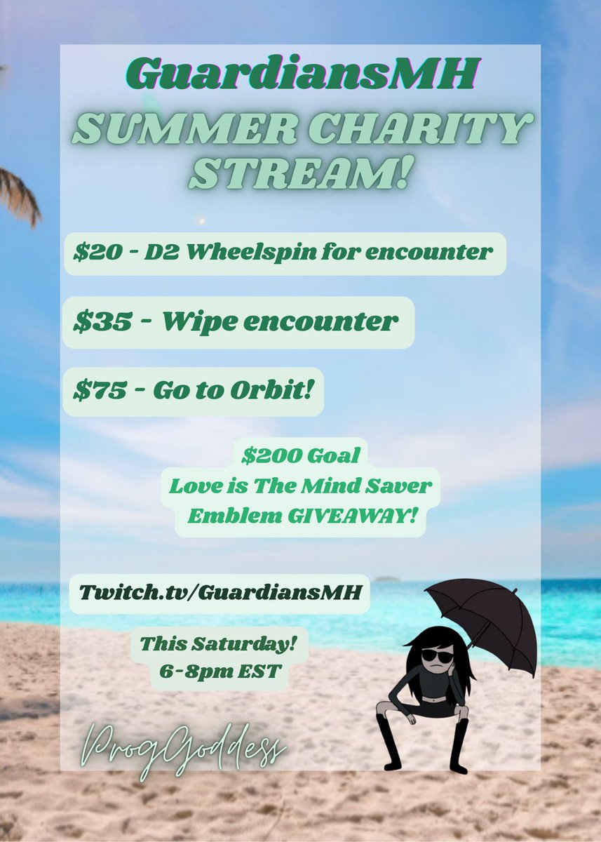 ProgGoddess🧛🏻♀️ (@proggoddessx) on Twitter photo Hey Gremlins! I’ll be participating in the <a href="/GuardiansMH/">Guardians Mental Health</a> Summer Charity Stream weekend! Saturday from 6-8pm EST Me and my friends will be raiding so come by & sabotage our run for a great cause! 💚✨ Hey Gremlins! I’ll be participating in the <a href="/GuardiansMH/">Guardians Mental Health</a> Summer Charity Stream weekend! Saturday from 6-8pm EST Me and my friends will be raiding so come by & sabotage our run for a great cause! 💚✨