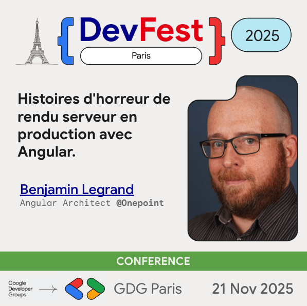 DevFest Paris (@devfestparis) on Twitter photo ⚡ Angular en rendu serveur ? Benjamin Legrand partage ses galères vécues en prod et les bonnes pratiques pour éviter la casse avec du code universel côté client ET serveur. 📅 21 nov – DevFest Paris
🎟️ billetweb.fr/devfest-paris-… ⚡ Angular en rendu serveur ? Benjamin Legrand partage ses galères vécues en prod et les bonnes pratiques pour éviter la casse avec du code universel côté client ET serveur. 📅 21 nov – DevFest Paris
🎟️ billetweb.fr/devfest-paris-…