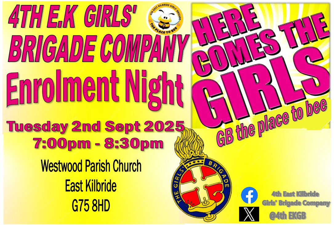 Hi all, schools back, yippee 🥳 
The 4th East Kilbride Girls’ Brigade Company have started our recruitment programme looking for new girls to join us.
Our enrolment night is Tuesday 2nd September 2025.

Pop along and join us!!!