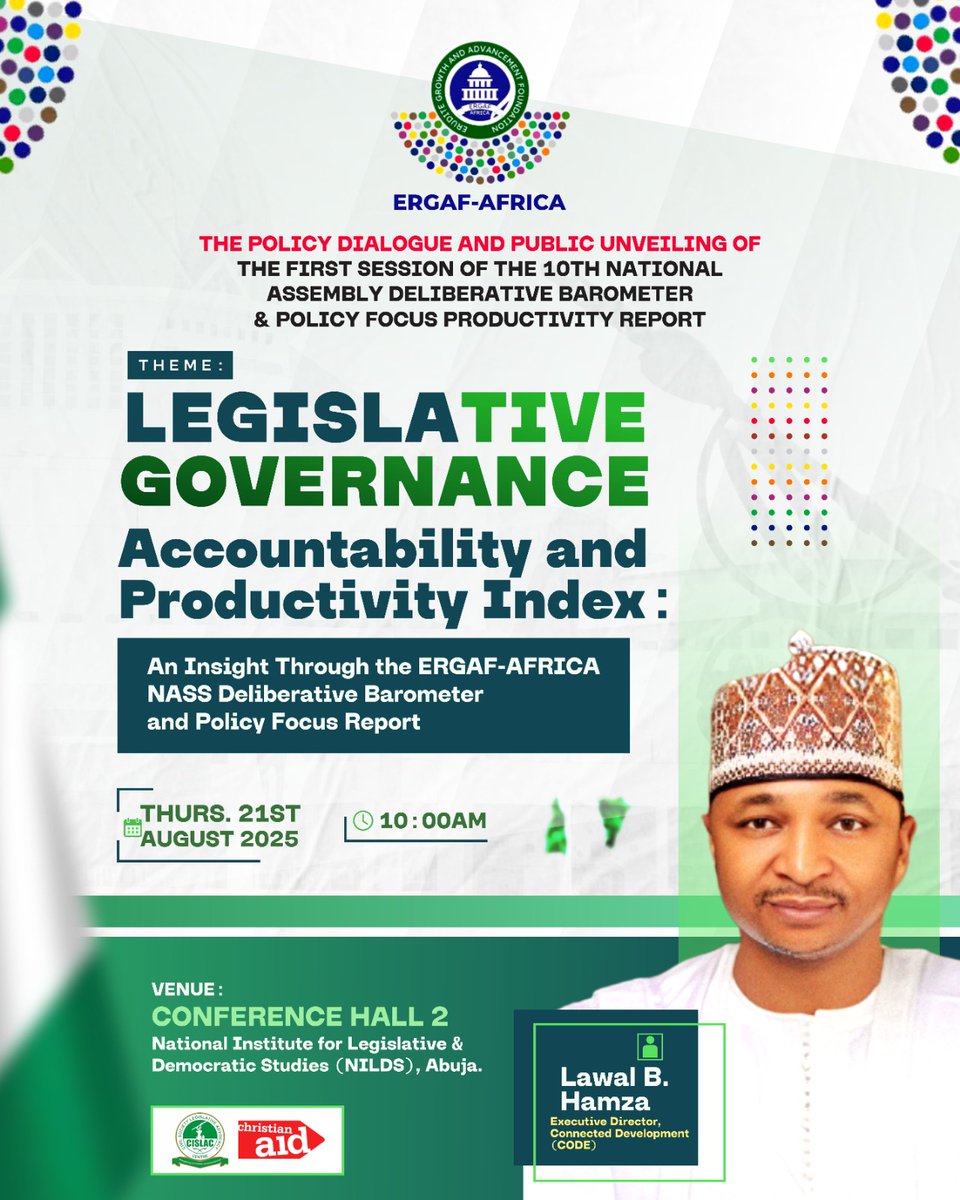 ERGAF_AFRICA's tweet photo. Join us for a thought-provoking discussion on legislative governance and accountability! 🤝 as Mr. Lawal B. Hamza, a renowned expert, sharing insights on the ERGAF-AFRICA NASS Deliberative Barometer and Policy Focus Report. 📊 Don't miss this opportunity https://t.co/dtRYNafLyz