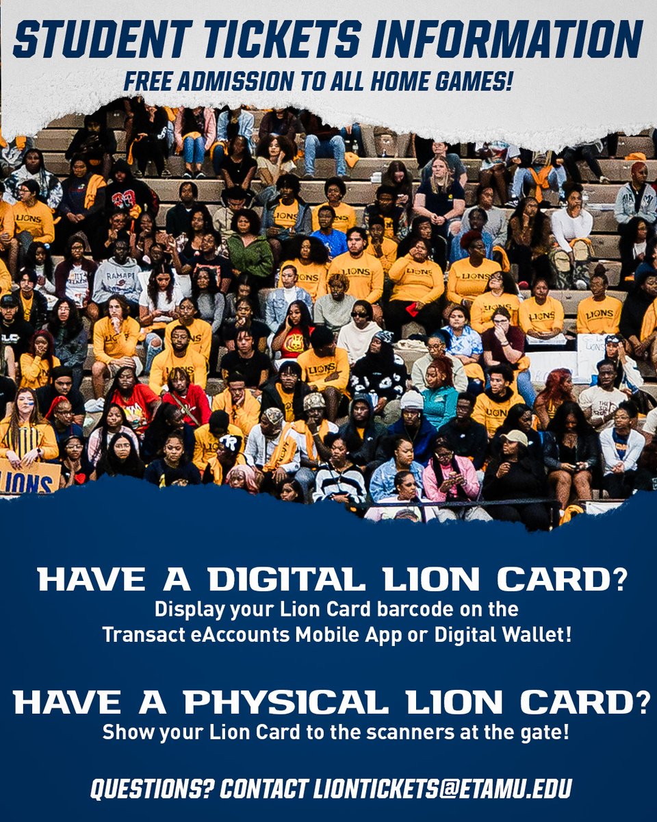 It is easier than ever to attend a <a href="/Lion_Athletics/">East Texas A&M Lion Athletics</a> event as a <a href="/etamuniversity/">East Texas A&M University 🦁</a> student! #HailET