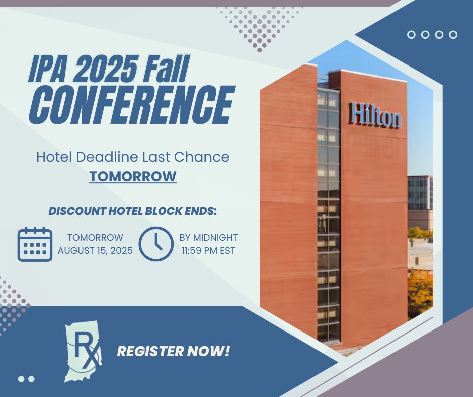Tomorrow is your last chance for the discount!
Register to receive hotel block information! tinyurl.com/2zc4t3nv
Thank you to our sponsors as well!
- Manchester University
- Pharmacists Mutual
- Parkview Health
- Amgen
- Hoosiers Work for Health
- Eli Lilly
- Krieg DeVault