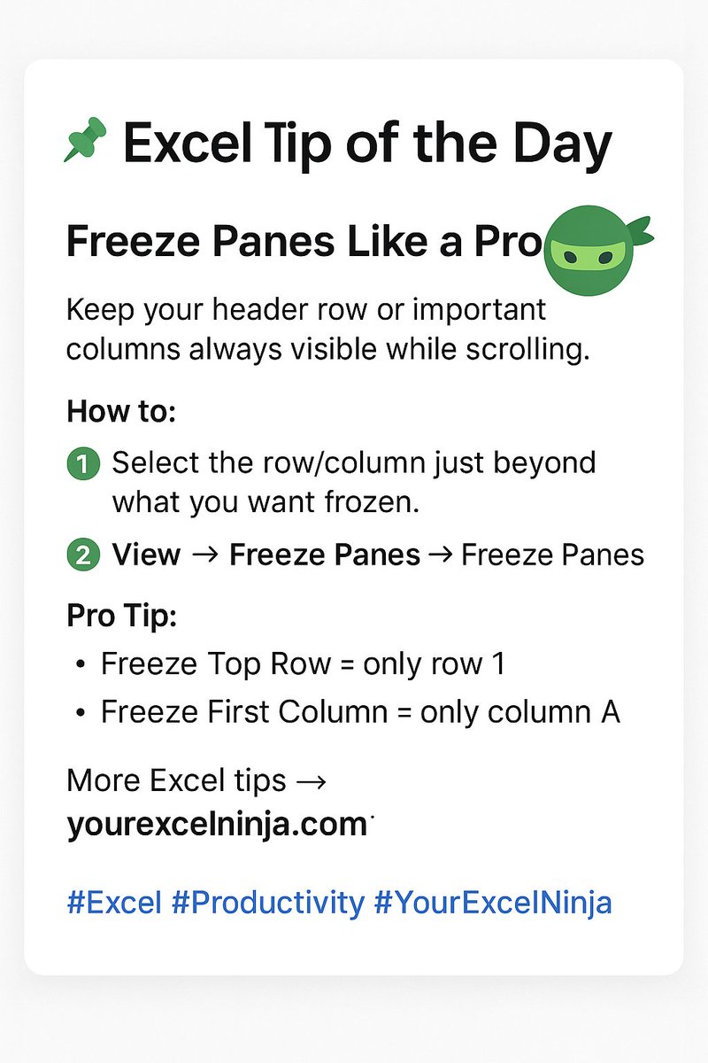 iwantexcel's tweet photo. 📌 Excel Tip of the Day: Freeze Panes Like a Pro!
Keep your header row or important columns always visible while scrolling.
How to:
1️⃣ Select the row/column just beyond what you want frozen.
2️⃣ View ➡ Freeze Panes ➡ Freeze Panes

🔗 More Excel tips → https://t.co/nyx0ltLAGM https://t.co/u0DYXXtsY8