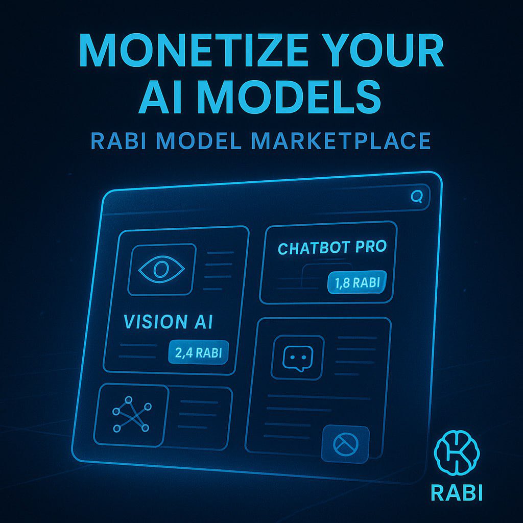 AI developers, it’s your time to shine.
With the upcoming RABI AI Model Marketplace, you can upload, monetize, and share your AI creations — all on-chain.
No middlemen. No platform lock-ins. Just pure decentralized ownership.

🔓 Launch your model. Own your future.