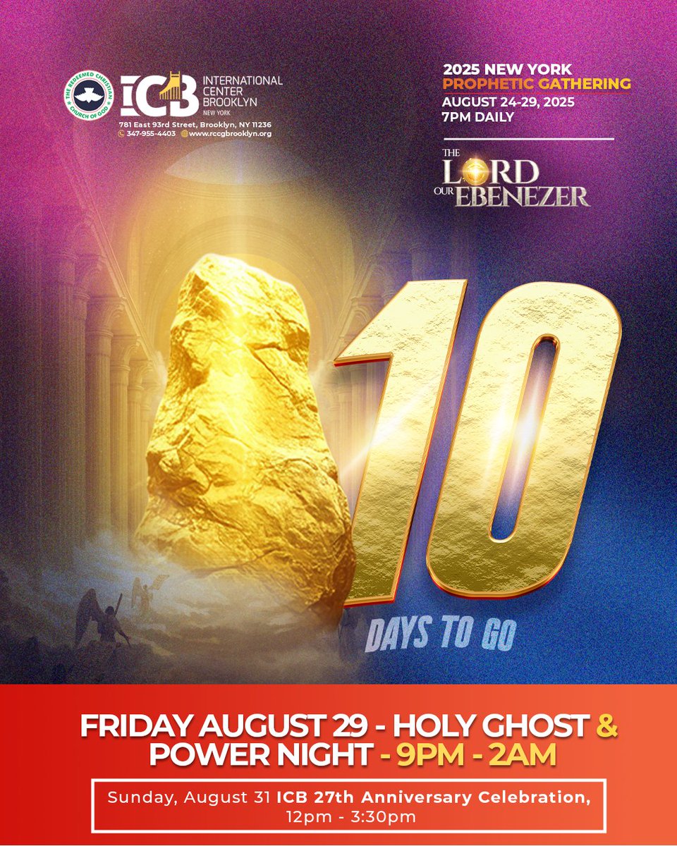 RccgIcb's tweet photo. PROPHETIC GATHERING is in exactly 10days, 

We can't wait to have you join us as we gather unto The Lord, Our Ebenezer 🙌🏾💃🏾🕺🏾

August 24th to 27th, 7:00PM 
August 29th, 9:00PM
August 31st, 12:00PM

Save the dates and share the word.

See you there! https://t.co/QgkxKTK8Gr