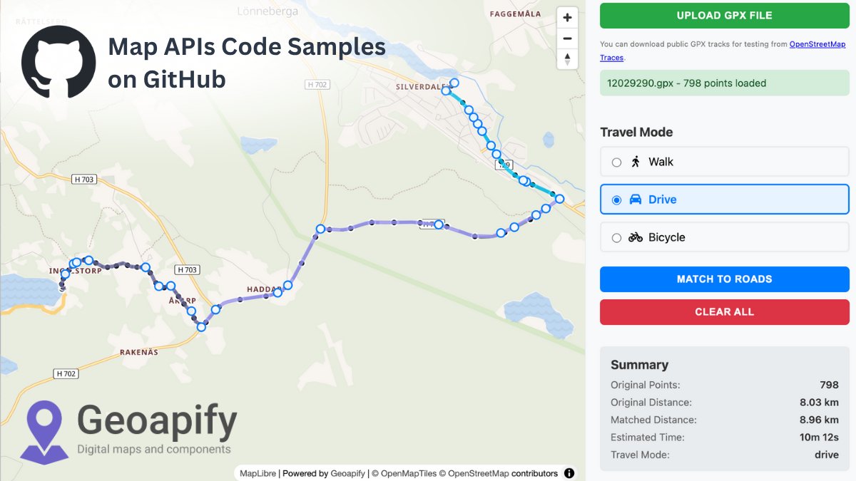 Geoapify (@geoapify) on Twitter photo Try the new GPX Map Matching Demo π΄ββοΈπ
Upload your GPX track β snap it to roads using @Geoapify Map Matching API β see original vs. matched route on MapLibre GL map πΊοΈ
Choose travel mode & explore route summary π
Code sample + Demo β github.com/geoapify/maps-β¦
#JavaScript Try the new GPX Map Matching Demo π΄ββοΈπ
Upload your GPX track β snap it to roads using @Geoapify Map Matching API β see original vs. matched route on MapLibre GL map πΊοΈ
Choose travel mode & explore route summary π
Code sample + Demo β github.com/geoapify/maps-β¦
#JavaScript