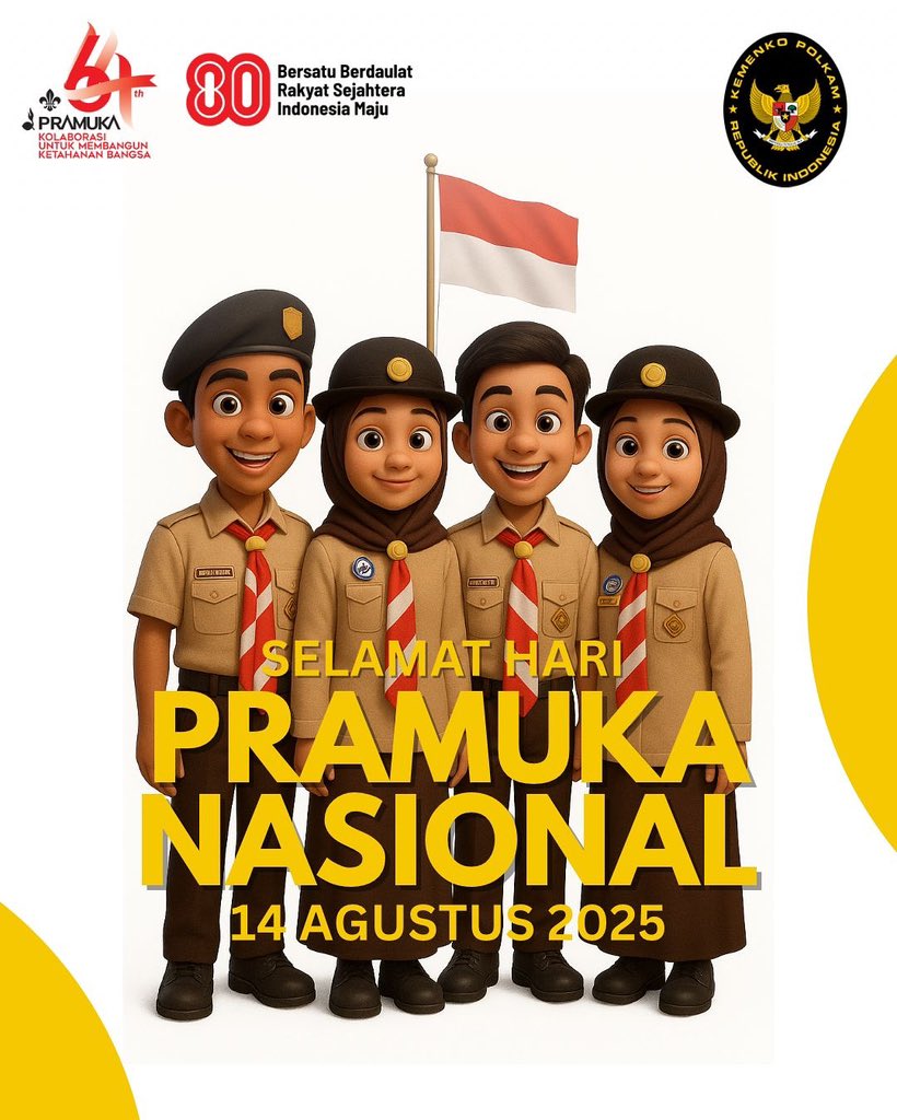 PolkamRI's tweet photo. Selamat Hari Pramuka! Jadikan semangat setia, siap, dan sedia sebagai langkah nyata membangun negeri. #KemenkoPolkam
#HariPramuka
#PramukaIndonesia https://t.co/a88EUhg2Gl
