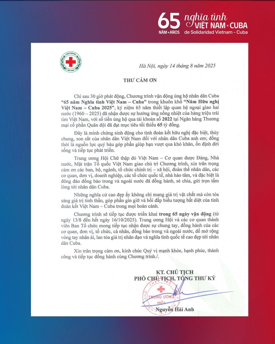 VietBuiMinh's tweet image. After only 30 hours of launching, the Vietnamese people contributed 65 billion VND (about 2.5 million USD) to support the Cuban people, on the occasion of the 65th anniversary of Vietnam-Cuba Friendship.