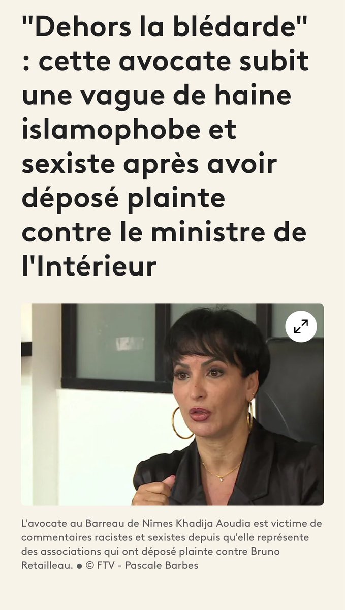 Soutien à Khadija Aoudia l’avocate en charge de la plainte contre Retailleau. La vague de haine qu’elle se prend est une des conséquences des discours et politiques racistes voulues par l’Etat.