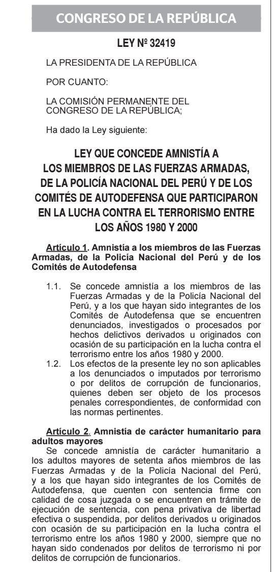 bearamirezh's tweet photo. 1️⃣ Hoy se publica la Ley 32419 de amnistía por los crímenes cometidos entre 1980-200.
2️⃣ Hace 40 años, el 14/8/1985, 69 hombres y mujeres desarmados, personas ancianas, niñas y niños fueron asesinados en la comunidad de #Accomarca (Vilcashuamán, Ayacucho) por integrantes del Ejército peruano al mando del subteniente Telmo Hurtado y el teniente Juan Manuel Rivera Rondón. 
3️⃣ En el año 2016 la Sala Penal Nacional sentenció a los autores de la matanza. 
4️⃣ En el año 2018, la sentencia fue ratificada por la Corte Suprema. 
5️⃣ El Estado peruano fue obligado a pagar solidariamente la reparación civil.
Casos como estos son los que la Ley 32419 promulgada ignominiosamente por la Presidenta Boluarte deja en impunidad.