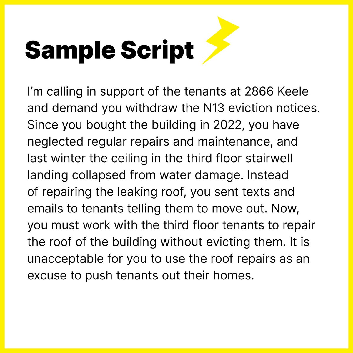 colefwebber's tweet photo. ⚡☎️PHONE ZAP   

TODAY: Support tenants at 2866 Keele facing renoviction. Join in calling and emailing their landlord Lingyan Lu to demand she withdraw the N13 eviction notices and do the roof and ceiling repairs while tenants remain in their homes. https://t.co/rRr8WXYd7i