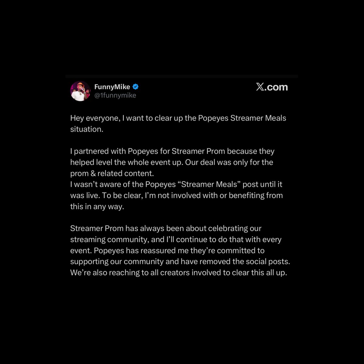 FearedBuck's tweet image. FunnyMike, creator of Streamer Prom, speaks out after Streamer Prom attendees allegedly unknowingly signed papers allowing their likeness to be used in a Popeyes campaign.

Some streamers say they had no idea about the “Streamer Meals” that came out yesterday.