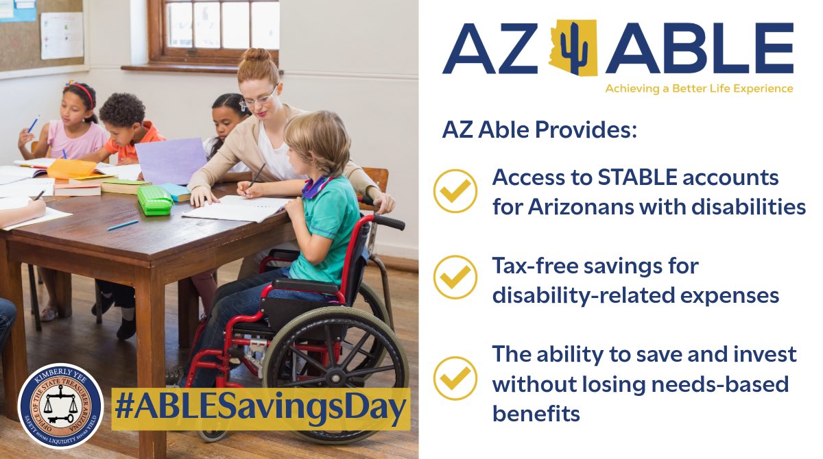 Office of the Arizona State Treasurer (@aztreasury) on Twitter photo Today is #ABLESavingsDay! Did you know <a href="/ArizonaDES/">Arizona Department of Economic Security</a> offers ABLE savings accounts that help people with disabilities achieve more independence and financial security? |<a href="/AZTreasurerYee/">Arizona Treasurer Kimberly Yee</a>
To learn more visit: az-able.com Today is #ABLESavingsDay! Did you know <a href="/ArizonaDES/">Arizona Department of Economic Security</a> offers ABLE savings accounts that help people with disabilities achieve more independence and financial security? |<a href="/AZTreasurerYee/">Arizona Treasurer Kimberly Yee</a>
To learn more visit: az-able.com