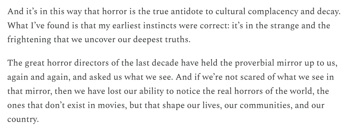 mattmannino's tweet photo. Why are we living in a Golden Age of horror? 

Because the best scary movies aren't just trying to frighten us. They're diagnosing the sickness in our culture. 

New essay on how horror holds up the mirror we're afraid to look into. 🪞

Link in replies. https://t.co/hnxiokGLr1