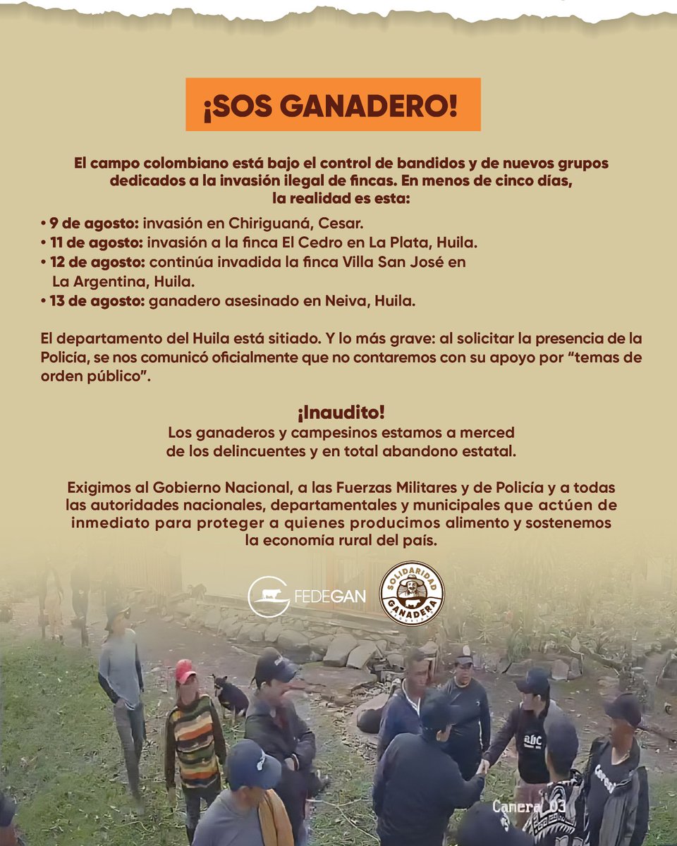 🚨 SOS GANADERO 🚨

📢 Los ganaderos colombianos estamos bajo el acoso de la delincuencia y nadie hace nada 📢

Colombia debe saber que el campo se está perdiendo y que quienes lo trabajamos estamos a merced de los bandidos.

➡ No tenemos Policía que nos respalde, ni autoridades