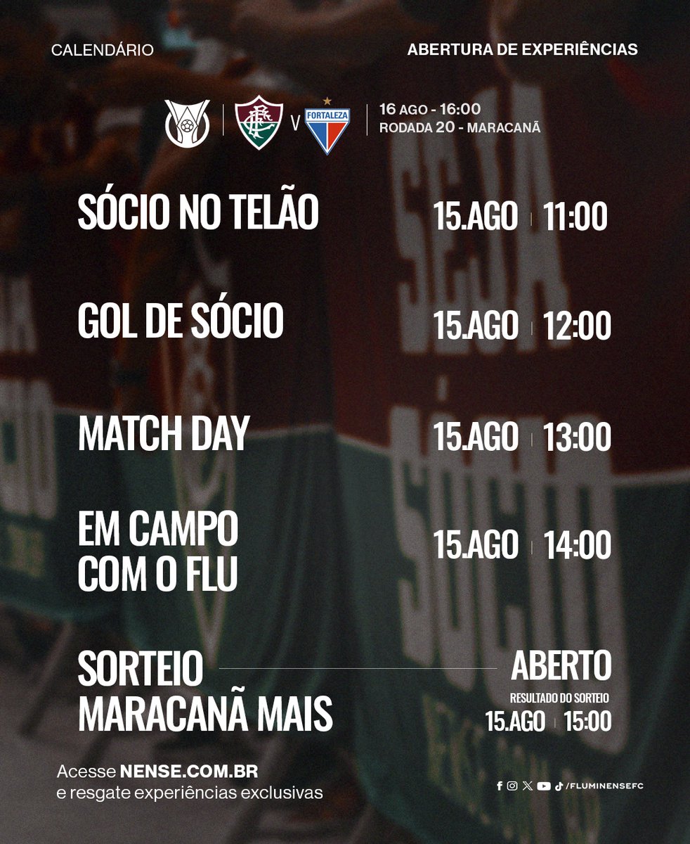 Tricolor, se liga no calendário de abertura de experiências para a partida contra o Fortaleza no Maraca! 

🫵 #SejaSócio em nense.com.br e resgate!