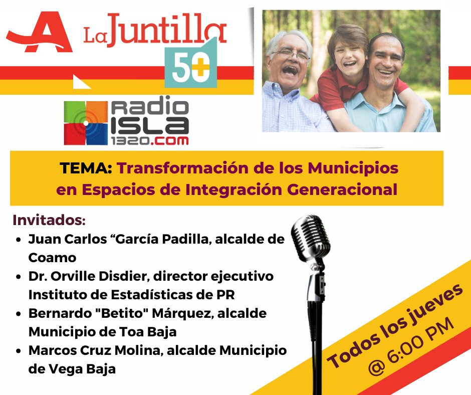 Hoy jueves a las 6:00 p.m. sintoniza la Juntilla 50+ <a href="/radioislatv/">Radio Isla 1320</a> <a href="/EstadisticasPR/">Instituto de Estadísticas de Puerto Rico</a> <a href="/munvboficial/">Vega Baja Te Informa</a>  <a href="/ToaBajaOficial/">Municipio de Toa Baja</a>