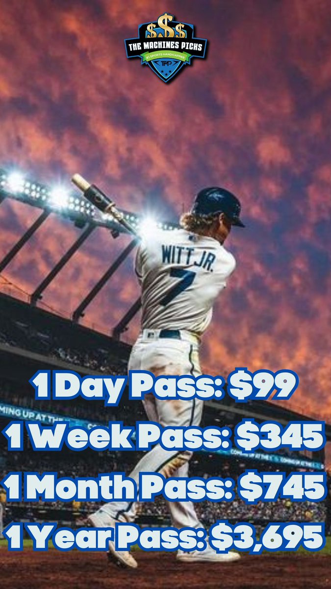 TheMachine (@machinespicks) on Twitter photo We offer everything from a 1 day pass for $99, 1 month pass for $745 (comes out to $24/day) to a 1 year pass for $3,695 (comes out to $10/day). 
Payment can be made via Buy Now Pay Later (AfterPay), credit card, CashApp, Crypto, Apple Pay, Google Pay, PayPal, or Venmo. We offer everything from a 1 day pass for $99, 1 month pass for $745 (comes out to $24/day) to a 1 year pass for $3,695 (comes out to $10/day). 
Payment can be made via Buy Now Pay Later (AfterPay), credit card, CashApp, Crypto, Apple Pay, Google Pay, PayPal, or Venmo.