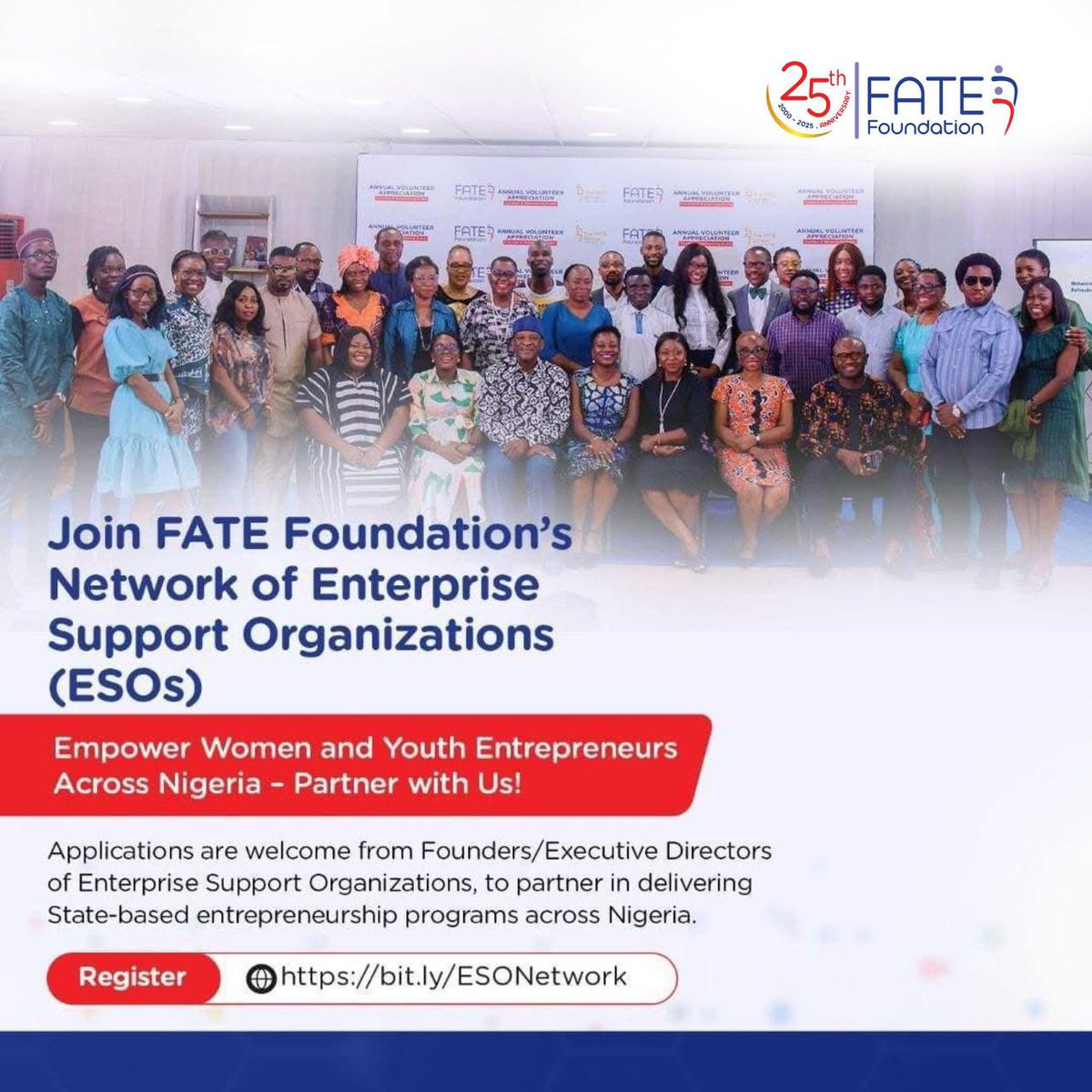 Join our ESO Network!

We’re calling on women &amp; youth-focused ESOs (outside Lagos &amp; Ogun) to drive entrepreneurship growth in Nigeria.

Benefits:
Funding opportunities
Training, mentorship &amp; coaching
Tools &amp; resources to grow
Partnerships &amp; visibility

🔗fatefoundation.org/esos