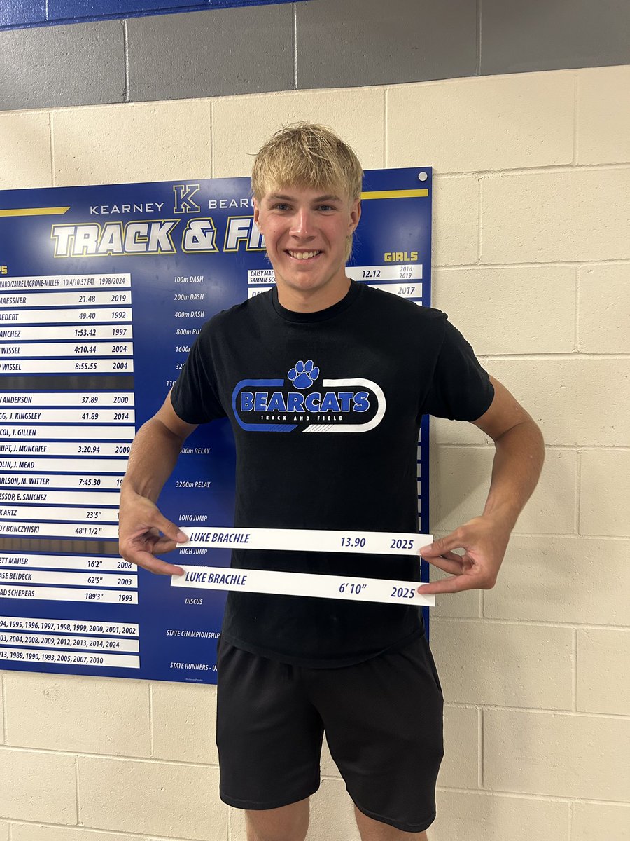 TrackKearney's tweet photo. ‼️ Record breaker ‼️ 

Luke Brachle officially removed the old nameplate and replaced it with his name. Out with the old, in with the new! 🤩

Luke broke records in High Jump (6-10) and 110HH (13.9)

Congratulations, Luke! https://t.co/tV2CJ2FqBR