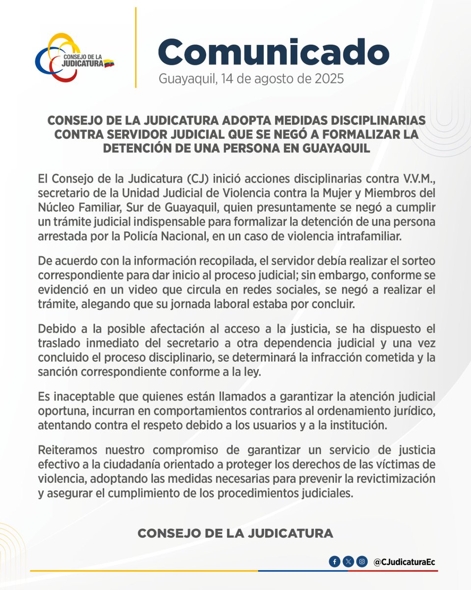 🔴 | #IMPORTANTE 

El <a href="/CJudicaturaEc/">Consejo de la Judicatura</a> informa a la ciudadanía: 

#JusticiaResponsable ⚖️