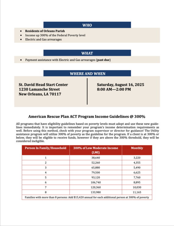 ‼️ New Orleans energy bill assistance event this Saturday, August 16 from 8am-2pm at the St. David Head Start Center, located at 1230 Lamanche Street. See the attached flyer for more info and make sure to check your eligibility!