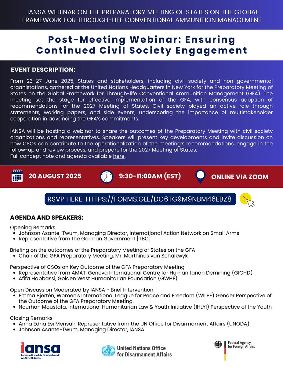 🗓Wed 20 Aug ⏰9:30–11:00 EST 🌍Online
Join our Post-Prep Meeting of States on the Global Framework for Conventional Ammunition Webinar to learn the outcomes of the PrepGFA &amp; explore how civil society can support the future of ammunition management.
RSVP: forms.gle/Dc6TG9m9nBm46E…