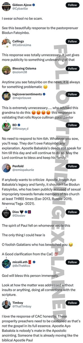 TrendingEx's tweet photo. Fatoyinbo is trending because Christ Apostolic Church CAC slammed COZA’s Pastor Biodun Fatoyinbo for calling Apostle Ayo Babalola a poor man.
They described him as a prosperity pastor exploiting the alter, monetizing spiritual gifts and promoting corruption in an already morally decaying society. Yet, in same stroke, lectured him.
Last month, Fatoyinbo was teaching on why poverty could hinder a person’s ability to fully serve God.
Asking his congregation to focus, make money, so they they will be able to fully express their ministry. Because poverty kills ministry.
Then he hailed and in same breath said Apostle Babalola died poor, and his kids are no where. So, poverty kills ministry.
CAC in reaction added that, Babalola was not a poor man. As he drove the best cars, funded alot of people through education, businesses, skills, weddings etc.
And if he died a poor man as Fatoyinbo suggests, why did Queen Elizabeth II honor him in 1956, if he wore rags. Accordingly, his kids are old enough to be Fatoyinbo’s grand parents and 66yrs later, Babalola continues to impact lives.
They querried Fatoyinbo’s knowledge of the Bible. As his utterance goes against several teachings of the Bible itself. Reminded him that the measure of anointing is not in material wealth. And most of all, prayed wisdom for him.
Nigerians are in a split. Some feel CAC’s reply was unnecessary, as it only validates Fatoyinbo, and ignoring would have been better. Others thought the response was perfect and timely.
Babalola’s eldest daughter, Mama Ogini also responded to Fatoyinbo.
Follow @TrendingEx for daily explanations!
