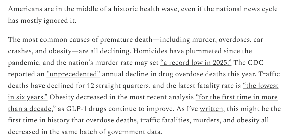 Good news is in short supply, but I think this is the right answer to the Q: What's the best news in America right now?

This seems to be the first period on record when every major cause of premature death—overdose, auto accident, homicide, obesity—is falling *at the same time*