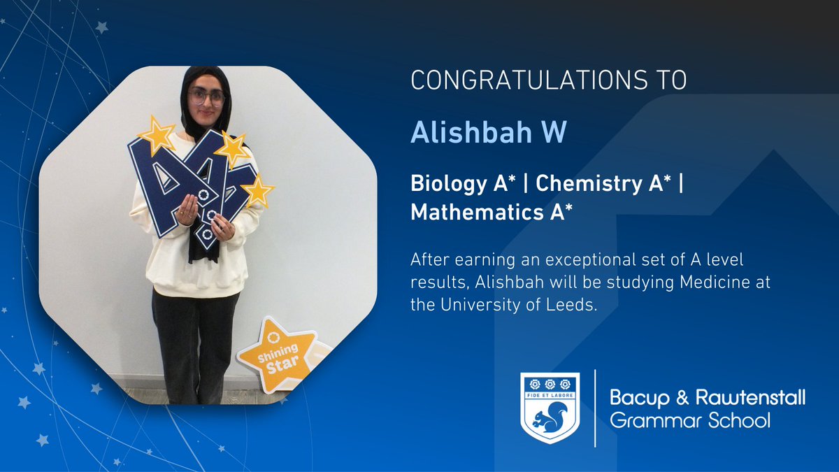 BRGS_1701's tweet image. Good luck to Alishbah W as she starts a new chapter at @UniLeeds where she will study Medicine after earning three A*s in Biology, Chemistry and Mathematics. 

#Alevels #ResultsDay #WeAreStar