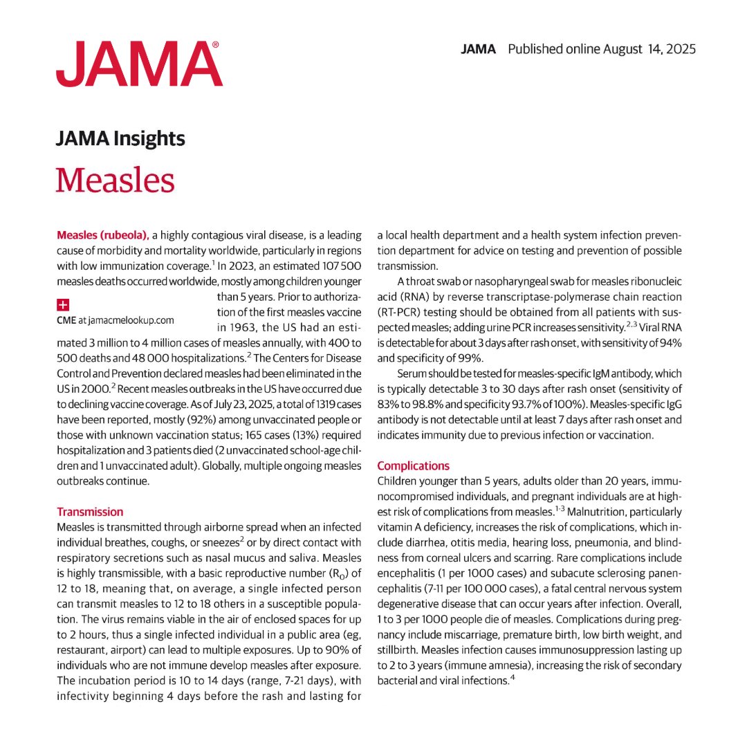 #Measles, a highly contagious viral disease, is a leading cause of morbidity and mortality worldwide. 

📊 This JAMA Insights discusses transmission, clinical presentation, and diagnosis of measles. ja.ma/47tgXMA
