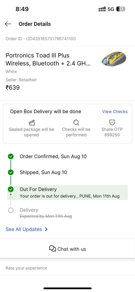 S_uni_L's tweet photo. I have been struggling to get my order from flipkart. No one from customer support @flipkartsupport is responding properly.   @Flipkart @Walmart  The order is getting delayed since 3days, showing out of delivery, but no delivery boy is responding. Is this system malfunctioning? https://t.co/dF7mE8fwCB