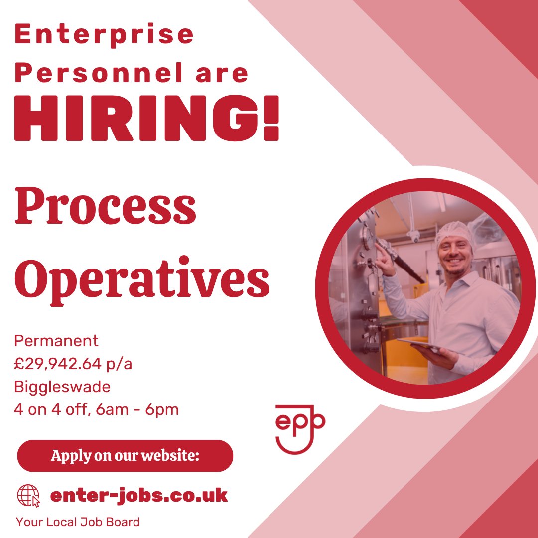 EnterJobs's tweet image. Enterprise Personnel's client is looking for Process Operatives in Biggleswade.
Apply now via our website! 

#processoperatives #packingjobs #packingprocess #productionprocess #dayshifts #nightshifts #4on4off #4on4offjobs #biggleswade #bedfordshire #bedfordshirebusiness