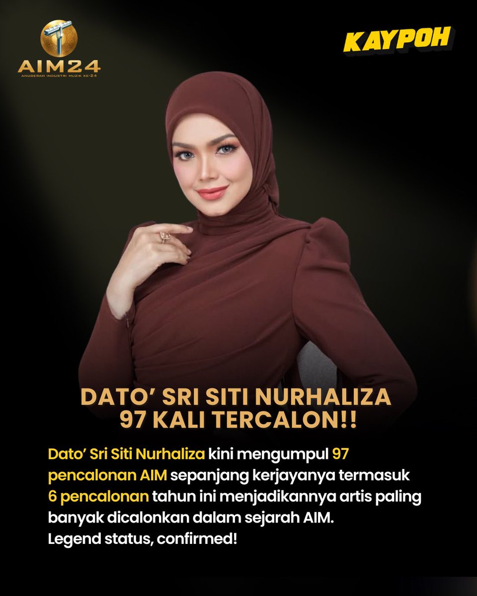 kaypohmedia's tweet photo. Dato’ Sri Siti Nurhaliza kekal legenda di #AIM24 dengan 6 pencalonan tahun ini. Rekodnya kini mencecah 97 pencalonan sepanjang sejarah AIM, pencapaian yang tiada tandingan! https://t.co/gsb8PGhb1w