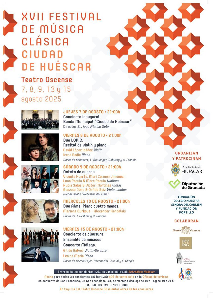 Ensemble Músicos <a href="/ConcertoMalaga/">Concerto Málaga</a> liderados por <a href="/GildeGalvez/">𝙂𝙞𝙡 𝙙𝙚 𝙂á𝙡𝙫𝙚𝙯 🇪🇺</a> y con <a href="/leodemariapiano/">Leo de María</a> como solista de piano estará mañana clausurando la XVII edición del “Festival de Música Clásica Ciudad de Huescar”. 

-Fundación <a href="/HispaniaMusica/">Fundación Hispania Música</a>