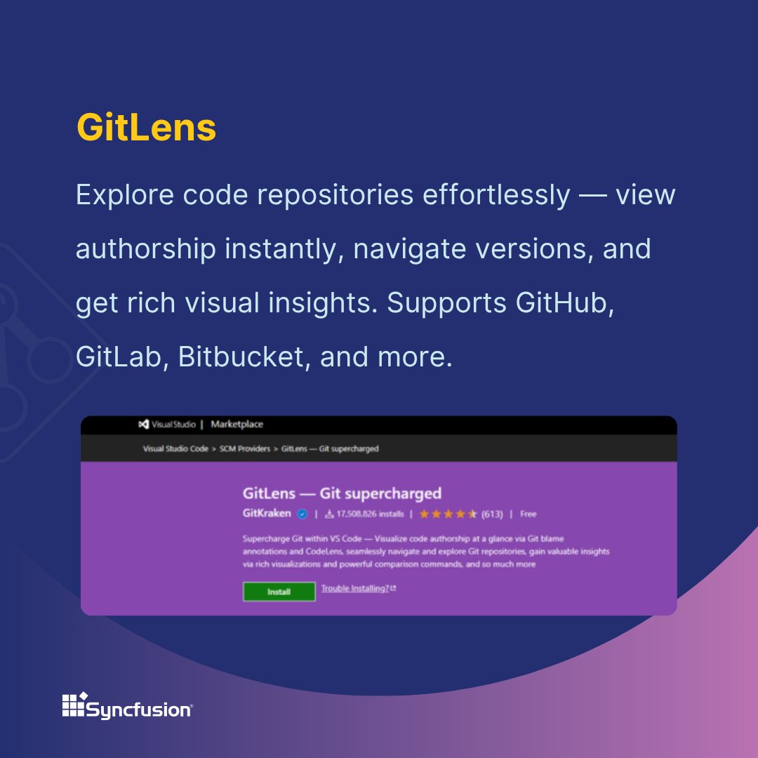 Syncfusion's tweet image. GitLens
Explore repositories with rich visual insights like view authorship, navigate versions, and track changes easily.
Supports GitHub, GitLab, Bitbucket, and more.
➡️ Final extension: lint your React code 👇
#GitLens #VersionControl
(8/10)