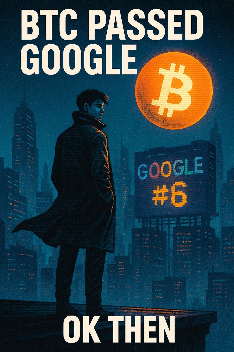memekami_z's tweet photo. we just watched $BTC flip $GOOGL in real time

Bitcoin briefly hit a fresh ATH and jumped past Google’s market cap. Macro tailwinds + risk-on juice = orange coin supremacy. Internet money went from fringe to fifth-largest asset and did it with the subtlety of a neon billboard. https://t.co/LvUWOFDOgj