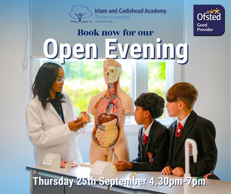 📅 Open Evening – Thursday 25th September, 4.30pm–7pm

Come and see what makes Irlam &amp; Cadishead Academy amazing!
✨ Tour our spectacular facilities
🎤 Hear from our Principal
🤝 Meet our staff &amp; students

📍 Book your place now: ticketsource.co.uk/irlam-cadishea…