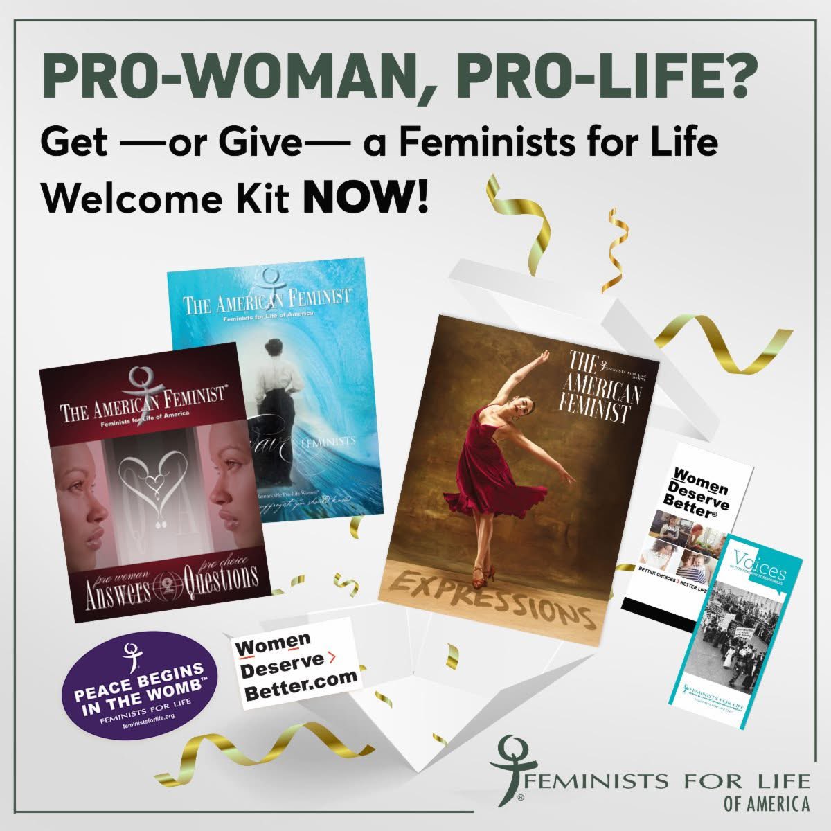 When people first discover Feminists for Life, many exclaim, "I'm home!" So when you give an FFL Welcome Kit, you also support the gift of life.

This is your personal invitation to be a part of the renaissance of the first women's movement. 

Go right now to